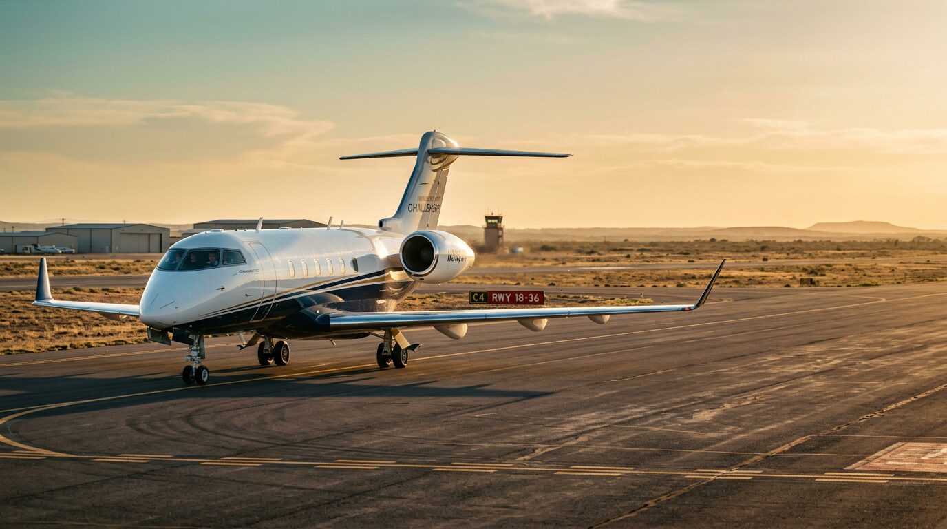 Bombardier Challenger 300 on the ramp at golden hour